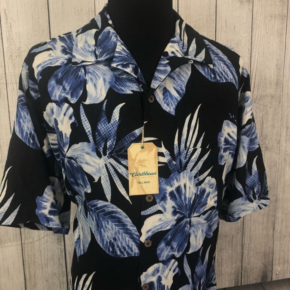 Caribbean 2XT Black Blue Hawaiian Silk Blend Shirt - Picture 3 of 7